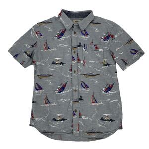 Vans Shirt Youth Boys L Large Sail Boat Mountain Volcano Hawaiian Skater Surfer